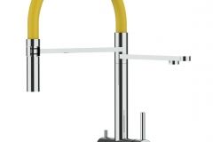Grifo de Cocina 3 Vías, Acero Inoxidable Macizo, con caño giratorio 360° y ducha 2 chorros amovible, Pulido y Amarillo – Versión corta 45CM