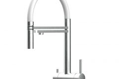 Grifo de Cocina 3 Vías, Acero Inox Macizo, Cepillado y Blanco – Versión corta 45CM