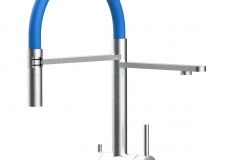 Grifo de Cocina 3 Vías, Acero Inoxidable Macizo, Cepillado y Azul – Versión corta 45CM