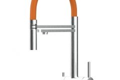 Grifo de Cocina 3 Vías in Acero Inoxidable Macizo, Cepillado y Naranja – Versión corta 45CM