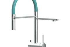 Grifo de Cocina 3 Vías, Acero Inoxidable Macizo, Cepillado y Turquesa Tiffany – Versión corta 45CM