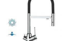Grifo de Cocina 4 Vías, BOD, con caño giratorio 360° y ducha 2 chorros amovible, Cromado y Negro