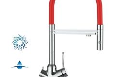 Grifo de Cocina 4 Vías, BOD, con caño giratorio 360° y ducha 2 chorros amovible, Cromado y Rojo