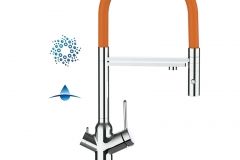Grifo de Cocina 4 Vías, BOD, con caño giratorio 360° y ducha 2 chorros amovible, Cromado y Naranja