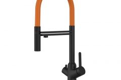 Grifo de Cocina 4 Vías, BOD, con caño giratorio 360° y ducha 2 chorros amovible, Negro Mate y Naranja