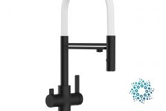 Grifo de Cocina 4 Vías, FC, con caño giratorio 360° y ducha 2 chorros amovible, Negro Mate y Blanco