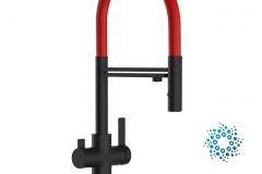 Grifo de Cocina 4 Vías, FC, con caño giratorio 360° y ducha 2 chorros amovible, Negro Mate y Rojo