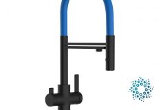 Grifo de Cocina 4 Vías, FC, con caño giratorio 360° y ducha 2 chorros, Negro Mate y Azul