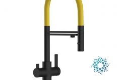 Grifo de Cocina 4 Vías, FC, con caño giratorio 360° y ducha 2 chorros amovible, Negro Mate y Amarillo