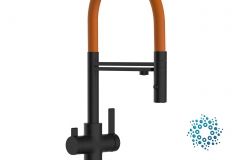 Grifo de Cocina 4 Vías, FC, con caño giratorio 360° y ducha 2 chorros amovible, Negro Mate y Naranja