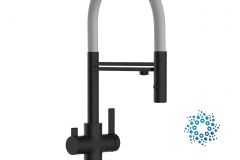 Grifo de Cocina 4 Vías, FC, con caño giratorio 360° y ducha 2 chorros amovible, Negro Mate y Gris