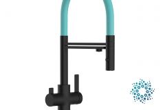 Grifo de Cocina 4 Vías, FC, con caño giratorio 360° y ducha 2 chorros amovible, Negro Mate y Turquesa Tiffany