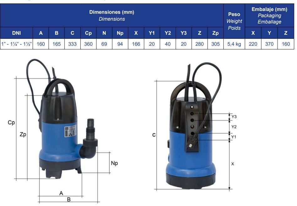 Electrobomba sumergible de doble función para achique dimensiones