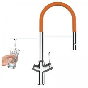 grifo de cocina 3 vias, cromado y naranja
