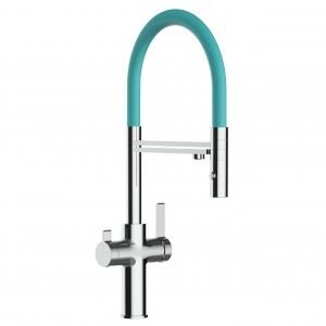 grifo de cocina 3 vias cromado y turquesa