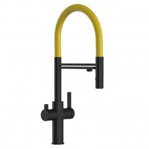 grifo de cocina 3 vias negro mate y amarillo