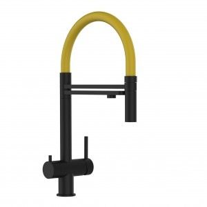 Grifo de Cocina 3 Vías, Acero Inoxidable Macizo, Amarillo y Negro Mate