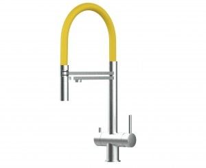 Grifo de Cocina 3 Vías, Acero Inoxidable Macizo, Cepillado y Amarillo