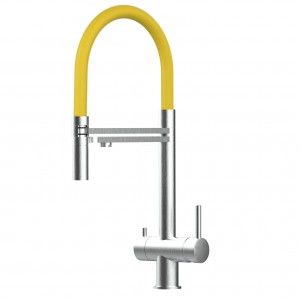Grifo de Cocina 3 Vías, Acero Inoxidable Macizo, Cepillado y Amarillo