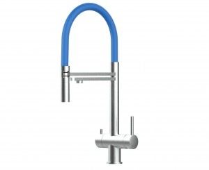 Grifo de Cocina 3 Vías, Acero Inoxidable Macizo, Cepillado y Azul