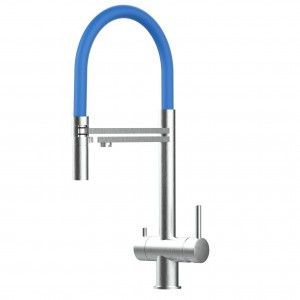 Grifo de Cocina 3 Vías, Acero Inoxidable Macizo, Cepillado y Azul