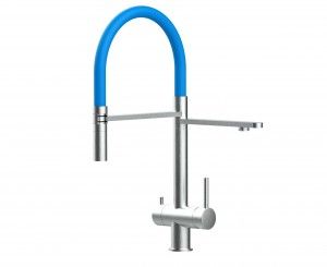 Grifo de Cocina 3 Vías, Acero Inoxidable Macizo, Cepillado y Azul Claro