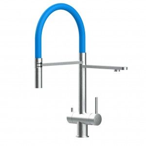 Grifo de Cocina 3 Vías, Acero Inoxidable Macizo, Cepillado y Azul Claro