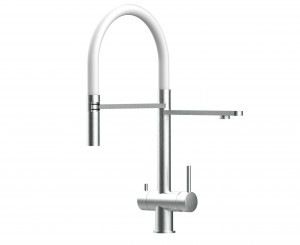 Grifo de Cocina 3 Vías, Acero Inoxidable Macizo, Cepillado y Blanco