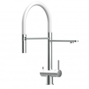 Grifo de Cocina 3 Vías, Acero Inoxidable Macizo, Cepillado y Blanco