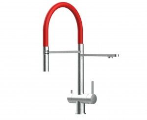 Grifo de Cocina 3 Vías, Acero Inoxidable Macizo, Cepillado y Rojo