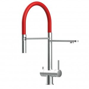 Grifo de Cocina 3 Vías, Acero Inoxidable Macizo, Cepillado y Rojo