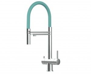Grifo de Cocina 3 Vías, Acero Inoxidable Macizo, Cepillado y Turquesa Tiffany