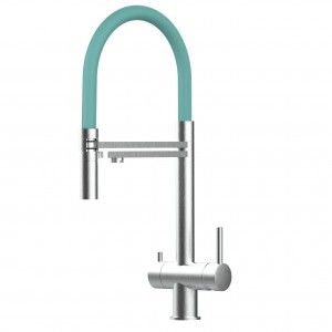 Grifo de Cocina 3 Vías, Acero Inoxidable Macizo, Cepillado y Turquesa Tiffany