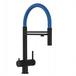 Grifo de Cocina 3 Vías, Acero Inoxidable Macizo, Negro Mate y Azul