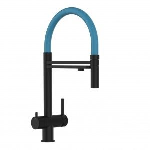 Grifo de Cocina 3 Vías, Acero Inoxidable Macizo, Negro Mate y Azul Claro, Versión corta 45cm