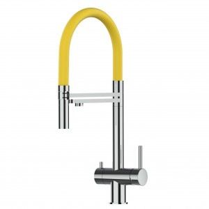 Grifo de Cocina 3 Vías, Acero Inoxidable Macizo, Pulido y Amarillo