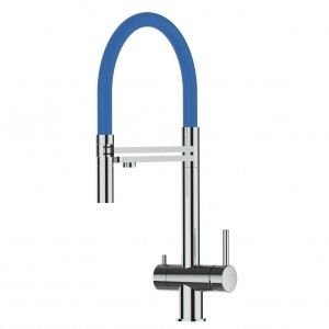 Grifo de Cocina 3 Vías, Acero Inoxidable Macizo, Pulido y Azul
