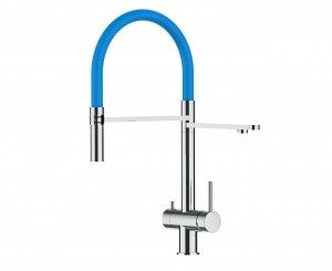 Grifo de Cocina 3 Vías, Acero Inoxidable Macizo, Pulido y Azul Claro