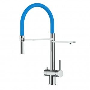 Grifo de Cocina 3 Vías, Acero Inoxidable Macizo, Pulido y Azul Claro
