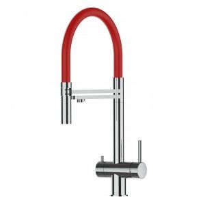 Grifo de Cocina 3 Vías, Acero Inoxidable Macizo, Pulido y Rojo