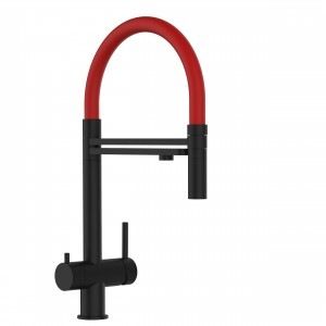Grifo de Cocina 3 Vías in Acero Inox Macizo, Negro Mate y Rojo, Versión corta 45cm