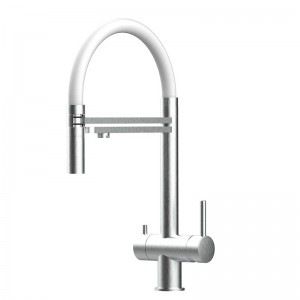 Grifo de Cocina 3 Vías, Acero Inox Macizo, Cepillado y Blanco – Versión corta 45CM