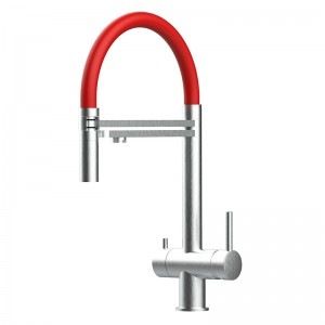 Grifo de Cocina 3 Vías, Acero Inox Macizo, Cepillado y Rojo – Versión corta 45CM