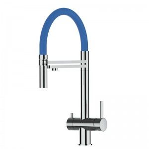 Grifo de Cocina 3 Vías, Acero Inox Macizo, Pulido y Azul – Versión corta 45CM