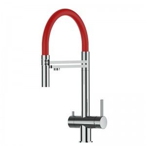 Grifo de Cocina 3 Vías, Acero Inox Macizo, Pulido y Rojo – Versión corta 45CM
