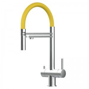 Grifo de Cocina 3 Vías, Acero Inoxidable Macizo, Cepillado y Amarillo – Versión corta 45CM