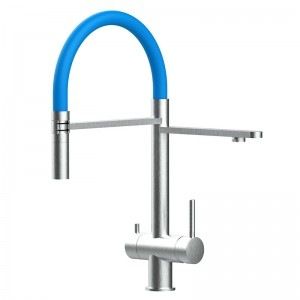 Grifo de Cocina 3 Vías, Acero Inoxidable Macizo, Cepillado y Azul Claro – Versión corta 45CM