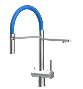 Grifo de Cocina 3 Vías, Acero Inoxidable Macizo, Cepillado y Azul – Versión corta 45CM