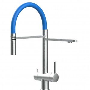 Grifo de Cocina 3 Vías, Acero Inoxidable Macizo, Cepillado y Azul – Versión corta 45CM