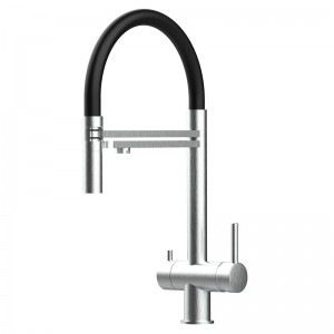 Grifo de Cocina 3 Vías, Acero Inoxidable Macizo, Cepillado y Negro – Versión corta 45CM